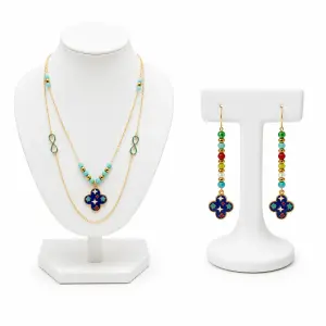 Parure Femme Dorée Bleu & Turquoise – Collier Double et Boucles d’Oreilles